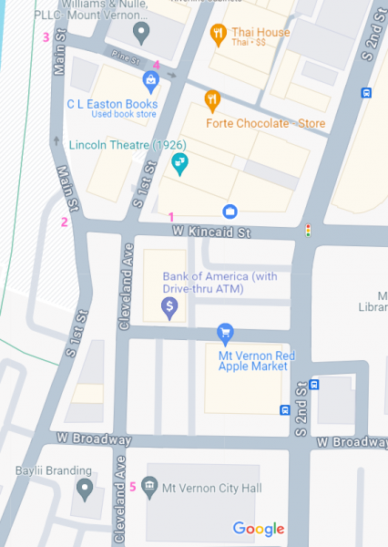 Map of downtown Mount Vernon and suggested ADA parking locations
