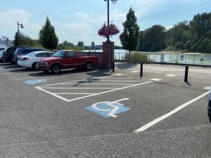 Picture of the two ADA parking spaces located at Main Street and West Kincaid Street